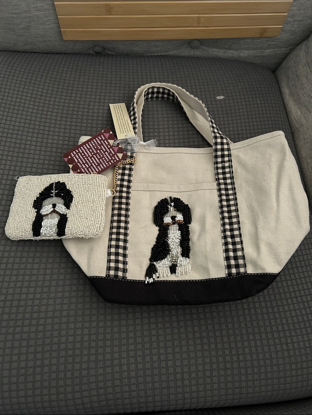 Beaded Puppy Canvas Tote with Coin Pouch - Black & Cream